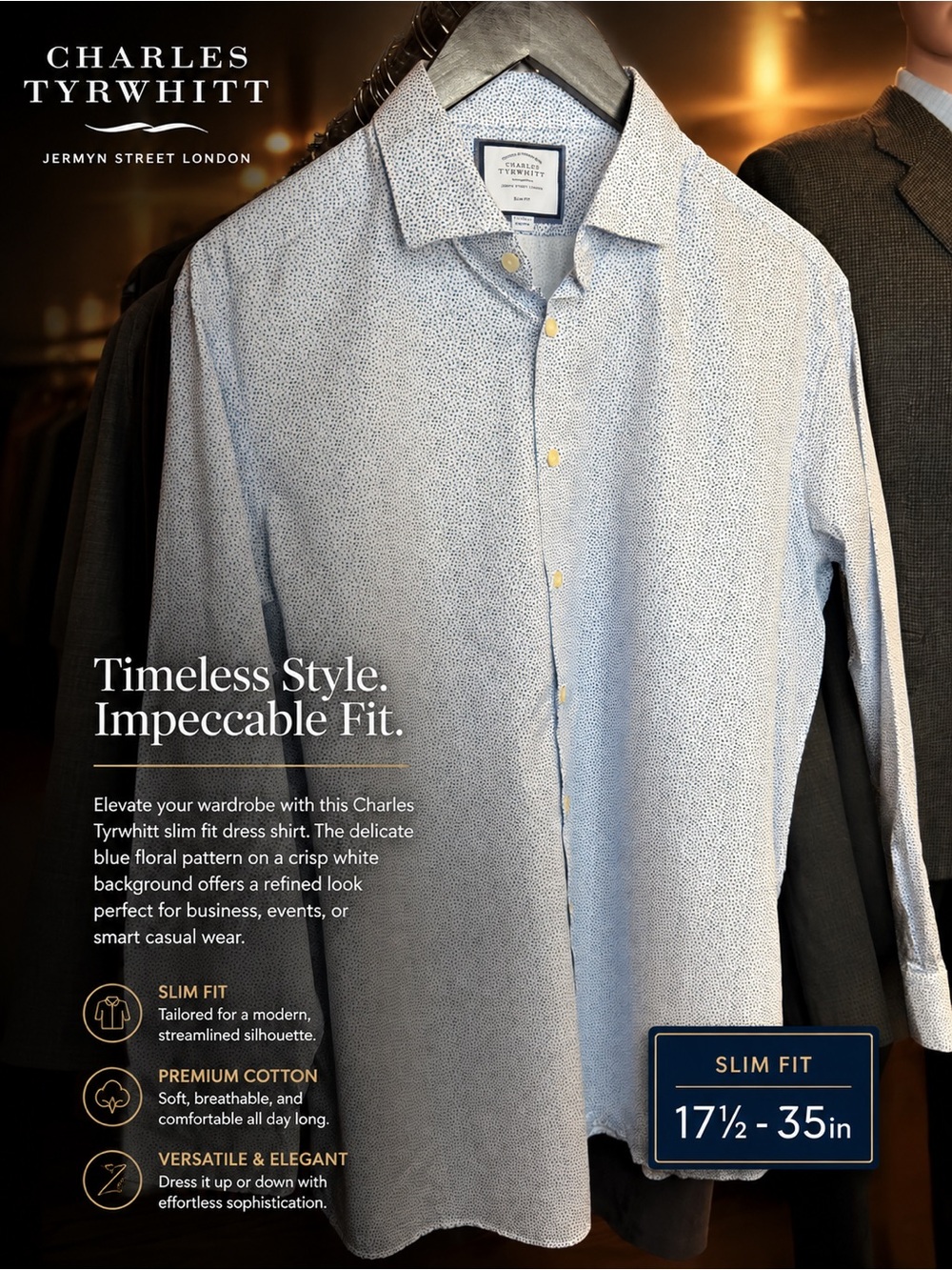 Charles Tyrwhitt Light Blue and White Micro-Print Dress Shirt